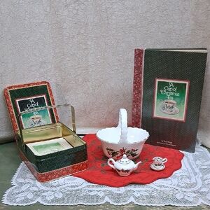 5 pc "A Cup of Christmas Tea" Set: tin w/cards,book, teapot/cup ornament, basket